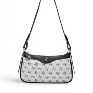 Дамска чанта Silver&Polo в бяло-черен цвят с монограм от водоустойчива еко кожа с регулируема презрамка