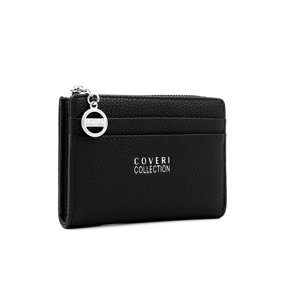 Малко дамско портмоне Coveri Collection черно Малко дамско портмоне Coveri Collection от еко кожа в черен цвят с отделения за карти, банкноти и монети