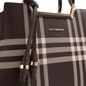 Дамска чанта SILVER&POLO тъмно кафяво каре от фолирана еко кожа