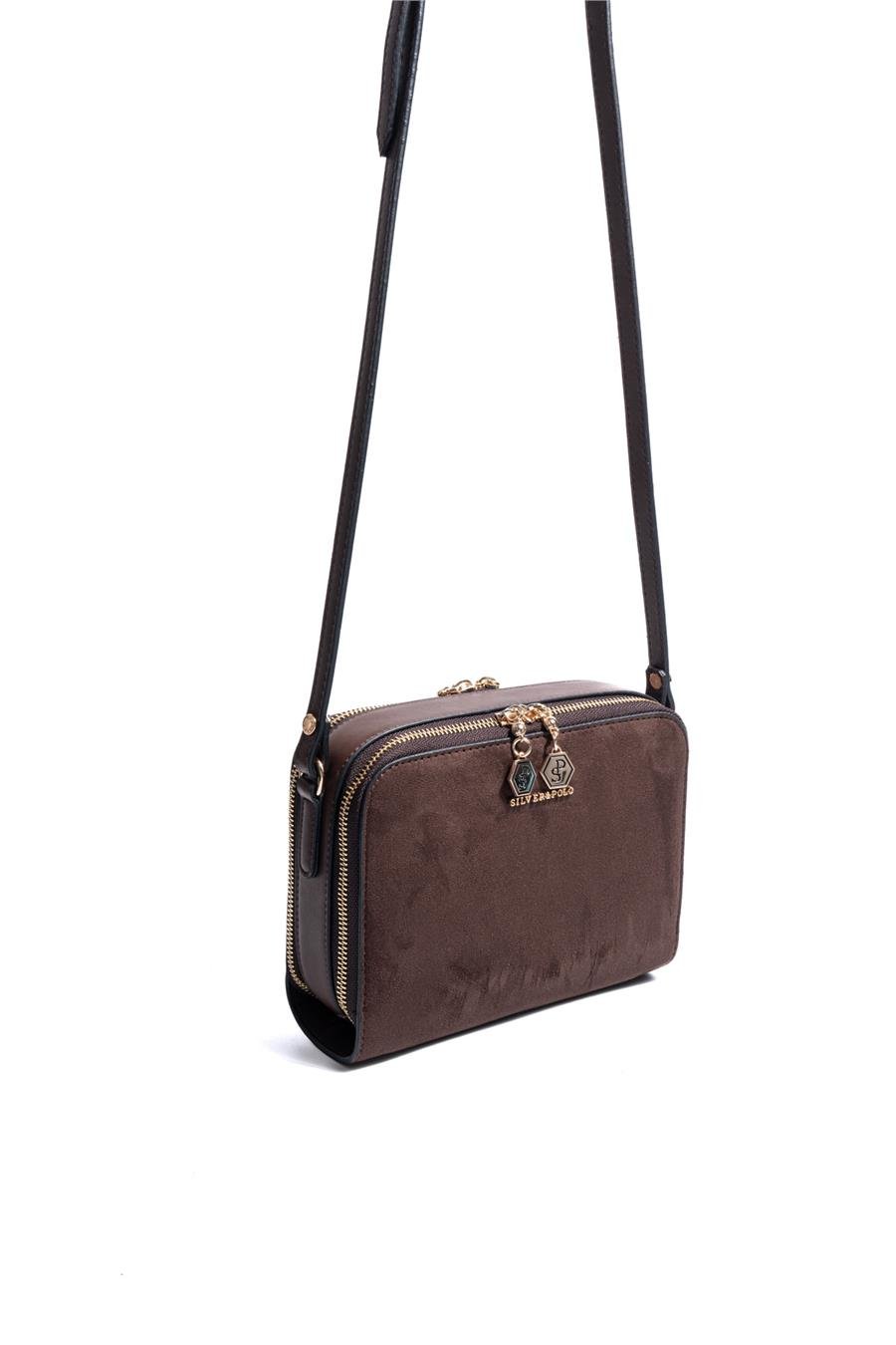 Silver Polo Kahve - Kahve Süet Kadın Çapraz Çanta SP888 1 Тъмно кафява дамска чанта Silver&Polo от еко велур