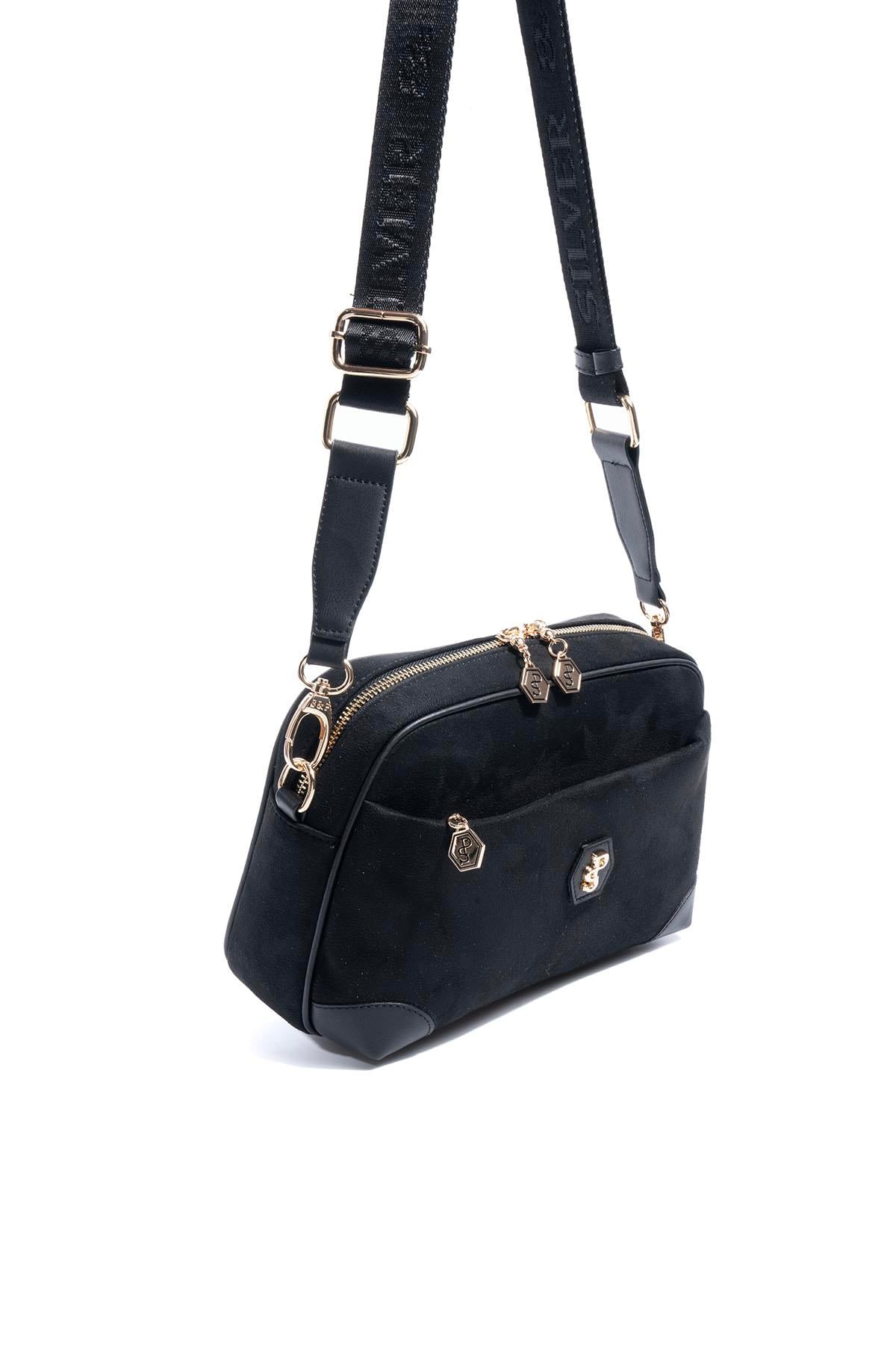 Silver Polo Siyah - Siyah Süet Kadın Çapraz Çanta SP1094 1 Черна дамска чанта Silver&Polo от еко велур