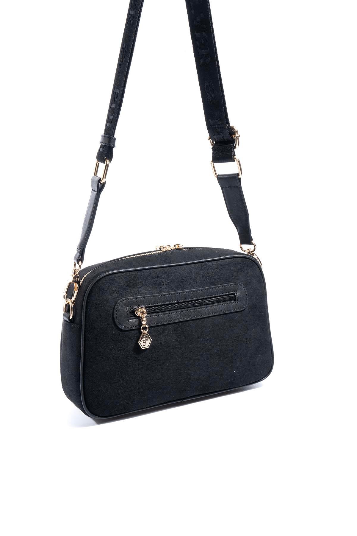 Silver Polo Siyah - Siyah Süet Kadın Çapraz Çanta SP1094 3 Черна дамска чанта Silver&Polo от еко велур
