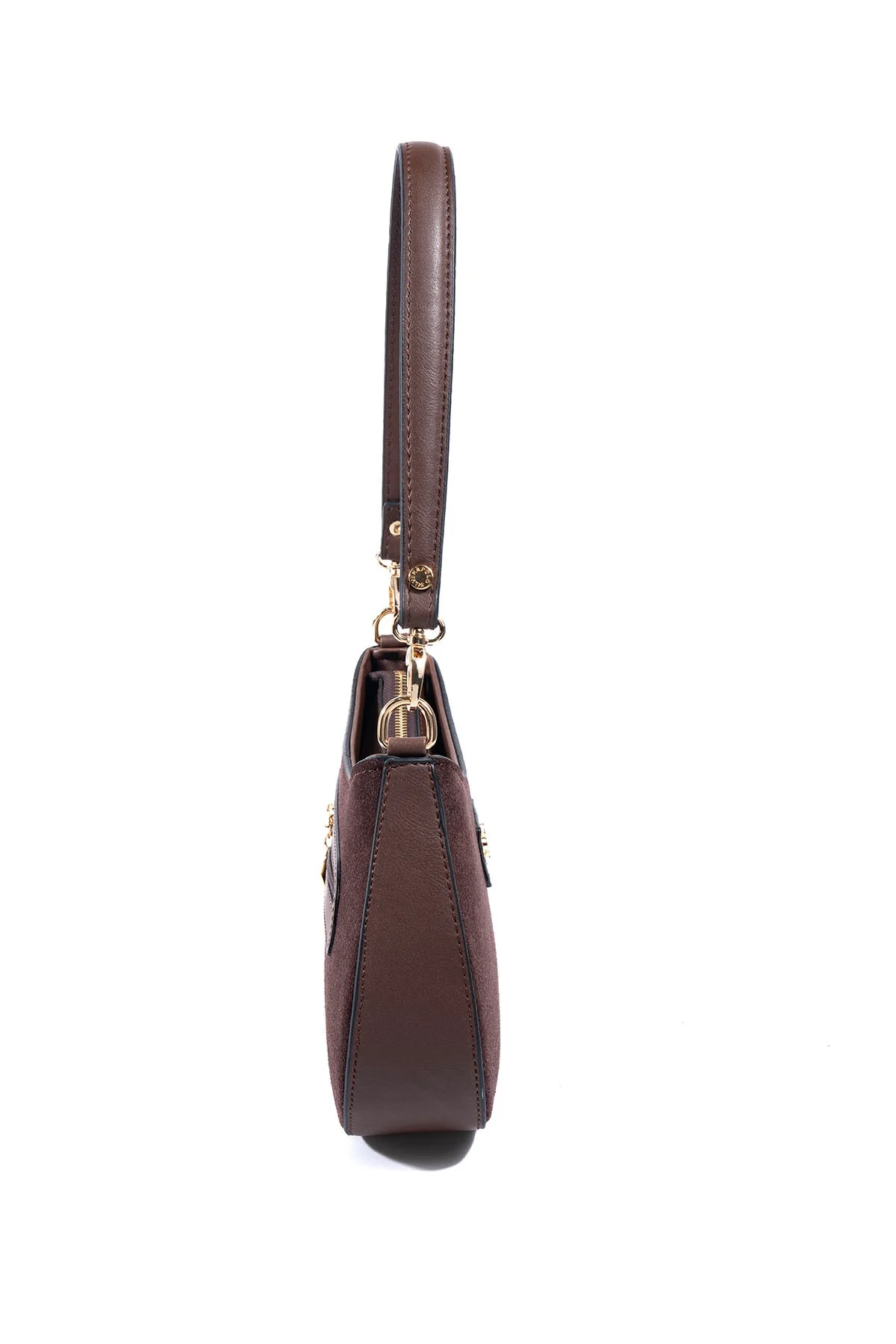 SP1251 Kadın Omuz Çantası Süet Kahve - Kahve SP1251-M12 2 Тъмнокафява дамска чанта Silver&Polo от еко велур с къса дръжка и златисти метални елементи